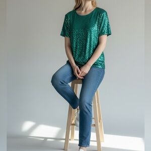 Avon Vintage Green Sequin Front Short Sleeve Top